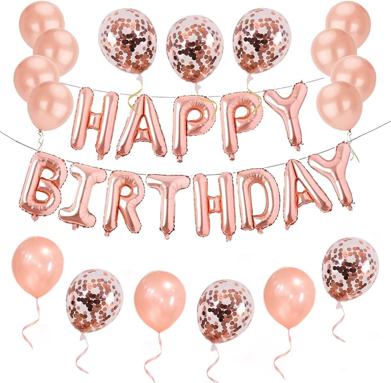 30pcs Pink Rose Gold Birthday Decorations | 3D Mylar Happy Birthday Banner & Confetti Latex Balloons | Party Supplies for Girls, Kids & Women (Rose Gold)